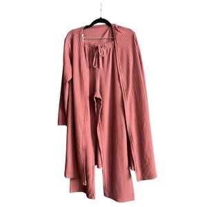 Waffle‎ Knit Lounge Set Women's Cardigan Top Pants Rose Relaxed Casual